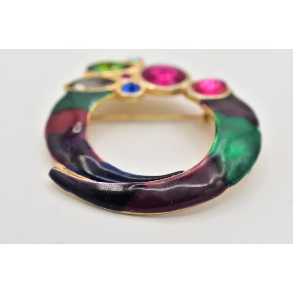 ECD Vintage Crystal Brooch Pin Multi-Color Enamel Gold Chunky 1980s Signed BinBG